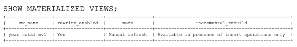 SHOW MATERIALIZED VIEWS