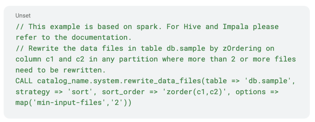 Iceberg provides a rewrite data files procedure in Spark SQL.