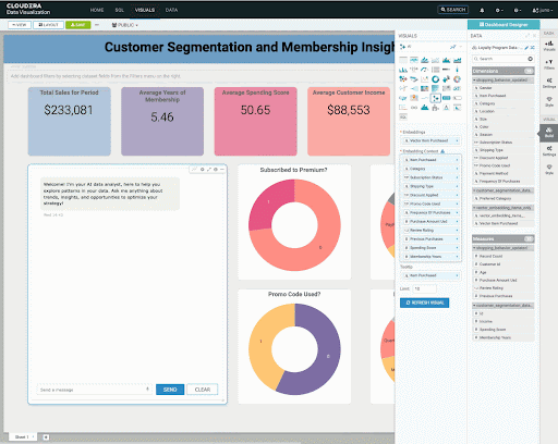 この Cloudera Data Visualization アプリケーションのスクリーンショットは、ユーザーが測定結果の列を [Embedding Context] シェルフにドラッグして AI Visual を設定している様子を示しています。