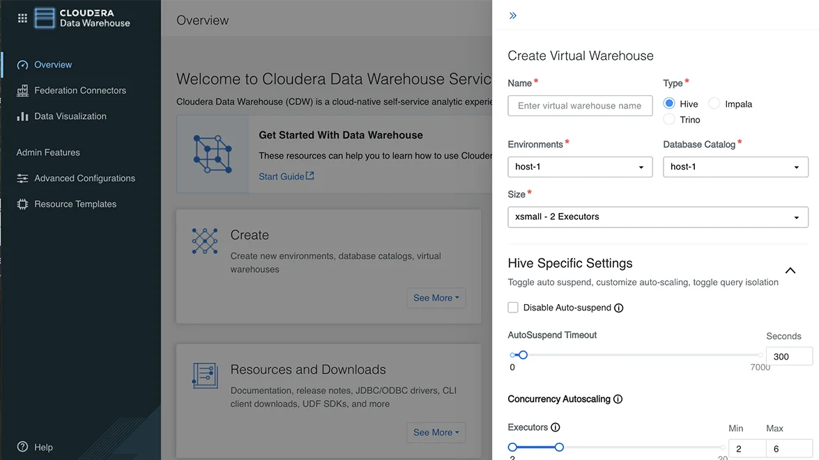 Data Warehouse の仮想ウェアハウス機能のスクリーンショット