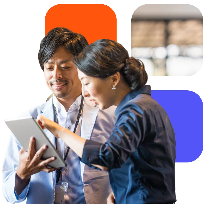 Business woman is working on her tablet in an abstract office setting